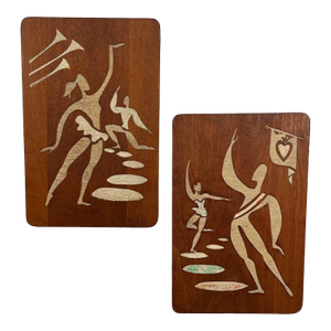 Mid-Century Abstract Figural Dancers Walnut Wall Plaques - A Pair