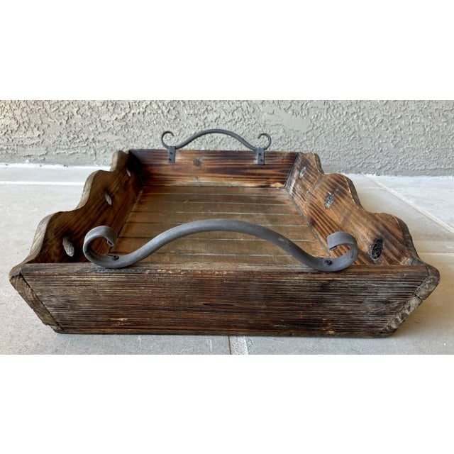 Mid 20th-Century Nicely-Sized Rustic Chic Pine Wood Tray With Worked Steel Scroll Handles For Sale - Image 4 of 12