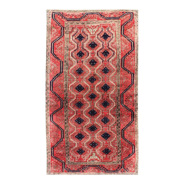 Midcentury Vintage Beluch Rug With All-Over Diamond Pattern in Red & Charcoal 3'4"x6'3" For Sale