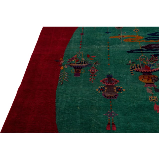 Green and Red Antique Art Deco Handmade Floral Chinese Wool Rug For Sale In New York - Image 6 of 9