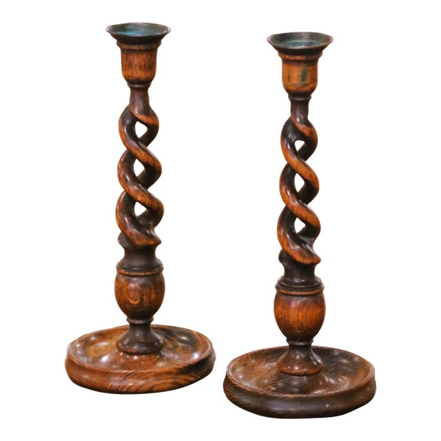 Pair of Early 20th Century English Barley Twist Oak Candlesticks With Brass Cups For Sale