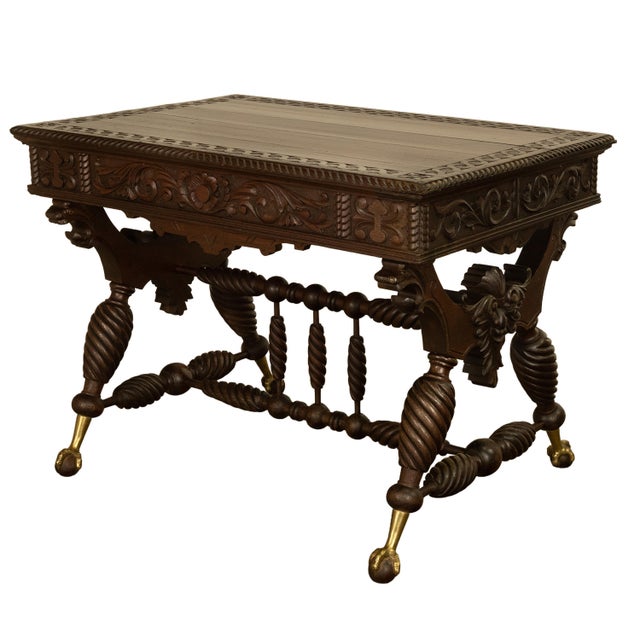 Wood Aesthetic Movement Merklen Brothers Carved Walnut Library Table Desk Ny 1890 For Sale - Image 7 of 14