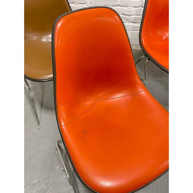 Metal Set of 4 Mid Century Modern Charles & Ray Eames Herman Miller Padded Shell Chairs, Early 1950's Stacking Bases For Sale - Image 7 of 15