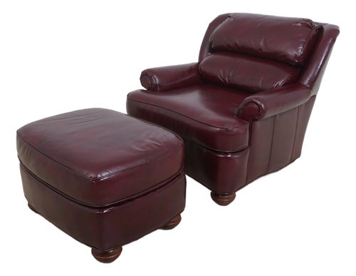Quality Burgundy Leather Club Chair Ottoman