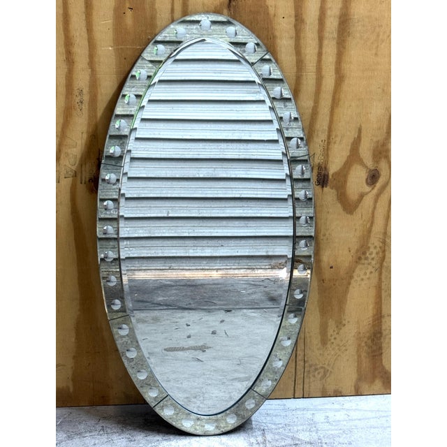 Wood Pair Jonathan Adler Venetian Style Optic Convex Etched and Beveled Oval Mirrors* For Sale - Image 7 of 8