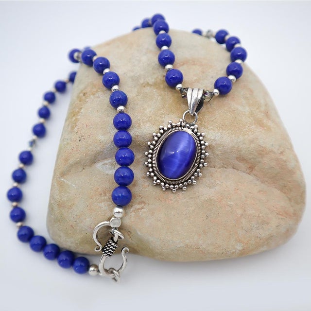 Blue Catsite With Lapis Lazuli Sterling Necklace For Sale - Image 4 of 8