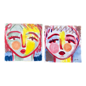 Contemporary Artwork by Cassandra Auker “Face Painting” Diptych Small Acrylic on Paper - Set of 2