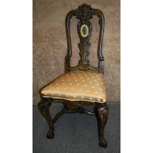 Antique Walnut Dining Chairs Italian Venetian Reverse Painted Glass Pair 1910s For Sale - Image 9 of 12
