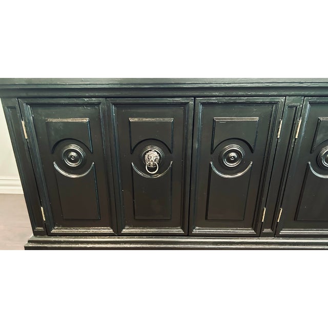 Wood Vintage Black Oak Wood Sideboard Buffet, 6-Door Raised Panel Freestanding Cabinet For Sale - Image 7 of 8