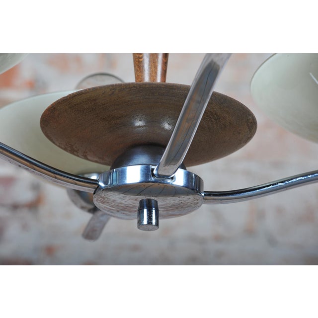 Wood Art Deco Chandelier in Chromed Steel, Beech and Opal Glass, Czech, 1920s For Sale - Image 7 of 13
