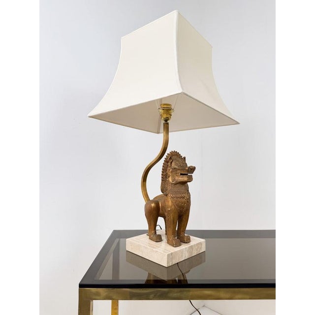 Thai Singha Lion Foo Dog Table Lamp in Gilt Bronze, Brass and Travertine, 1970s For Sale - Image 14 of 18