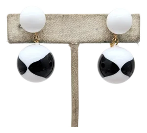 Vintage Signed Crown Trifari Black & White Resin Dangle Clip Earrings-2 Pieces