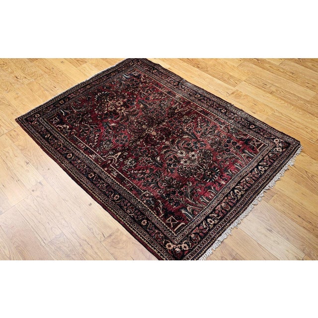 Antique Persian Sarouk Area Rug, Hand-Knotted Wool, Allover Floral Pattern, 3x5, Red & Navy For Sale In Chicago - Image 6 of 16