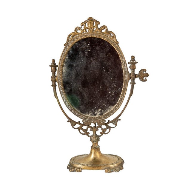 Early 20th Century Vintage Art Nouveau Ornate Victorian Style Brass Pedestal Vanity Mirror For Sale - Image 5 of 5