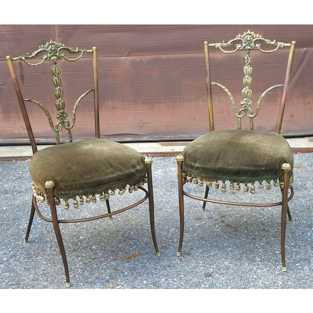 Set Four Italian Neoclassical Engraved Brass and Upholstered Side Chairs C.1950s For Sale - Image 9 of 12
