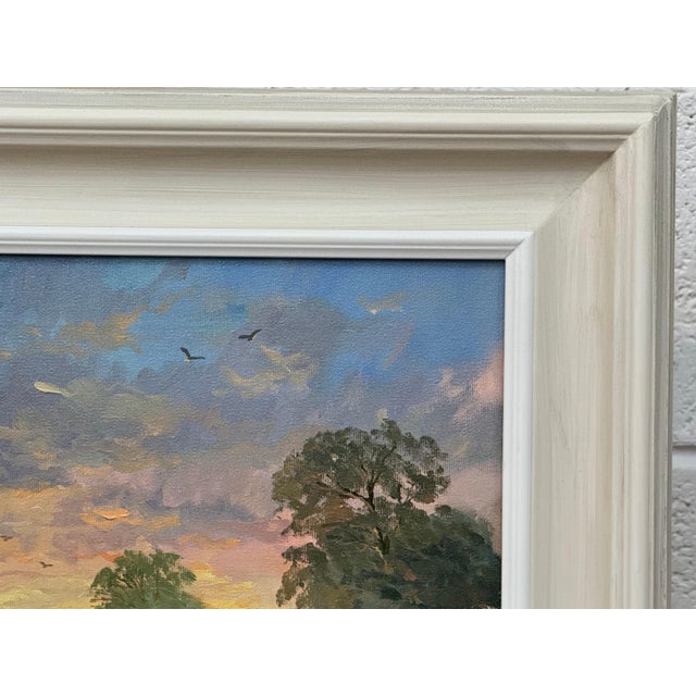 Richard Woods Sunrise at Village by River in the English Countryside with Church Spire & Birds 1985 Circa For Sale - Image 4 of 13