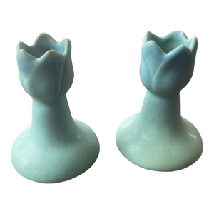Art Nouveau Van Briggle Pottery Ming Blue Matte Glaze Tulip Candlesticks - Pair