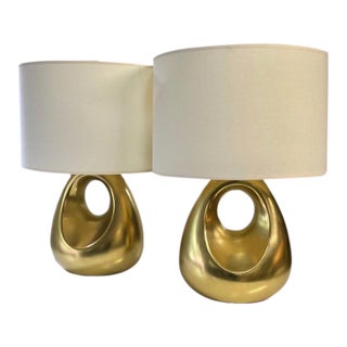Pair of Robert Abbey Gold Table Lamps | Contemporary Modern Lamps | Sculptural Curved Lamps | Original Condition For Sale