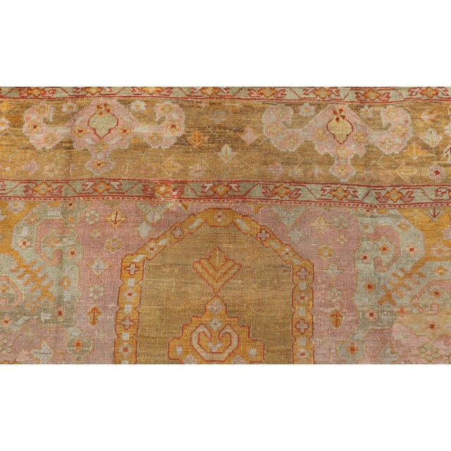 Squared Shape Antique Oushak Rug in Green, Marigold, Cream and Pink Color For Sale - Image 10 of 17