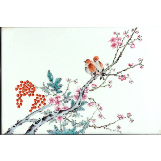 Rose Chinese Porcelain Framed Famille Rose Plaque of Birds With Prunus and Cherry Trees For Sale - Image 8 of 8