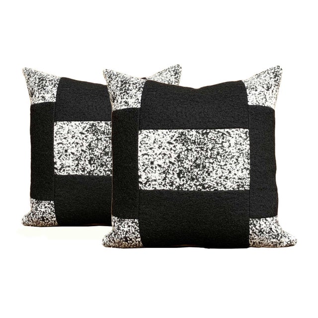 Textile Black and White Color Block Wool Pillow Covers - A Pair For Sale - Image 7 of 7