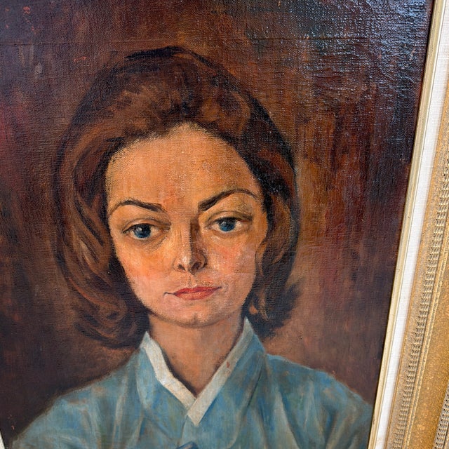 Portraiture Midcentury Oil Portrait of a Woman Beautifully Framed For Sale - Image 3 of 10
