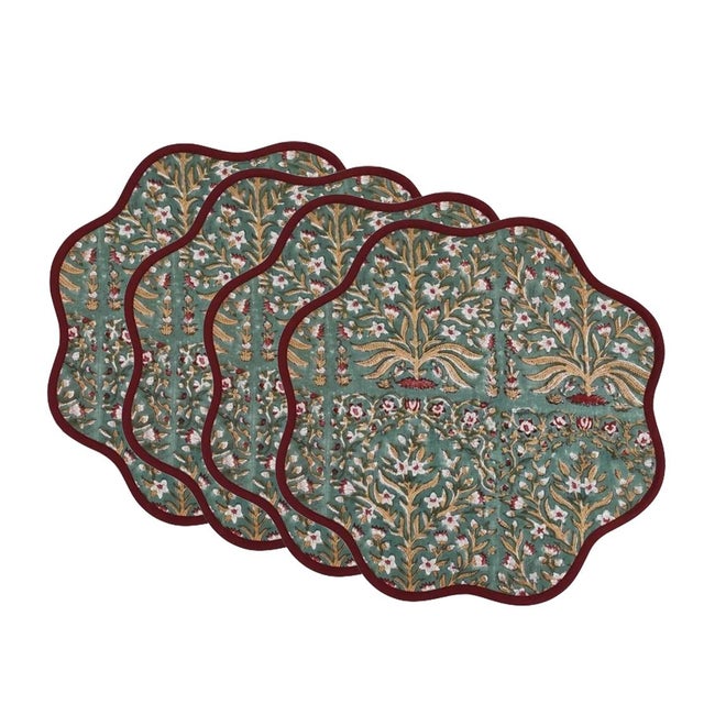 Handmade Round Scalloped Christmas Placemats, Sage Green with Burgundy Trim - Set of 4 For Sale - Image 4 of 4
