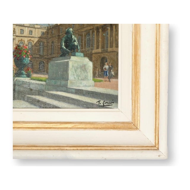 Decorative vintage French painting on board depicting the gardens of Versailles, with a sculptural urn, manicured hedges,...