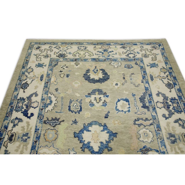 Early 21st Century Green & Blue Floral Design Handwoven Wool Turkish Oushak Rug 6'3" X 8'6" For Sale - Image 4 of 7