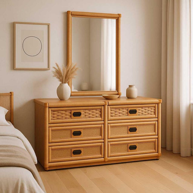 Vintage Dixie Rattan and Wood Six-Drawer Dresser With Mirror 1960s For Sale - Image 12 of 15