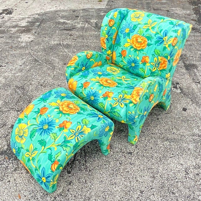 Teal Vintage Boho Thayer Coggin Floral Chair and Ottoman Set For Sale - Image 8 of 9