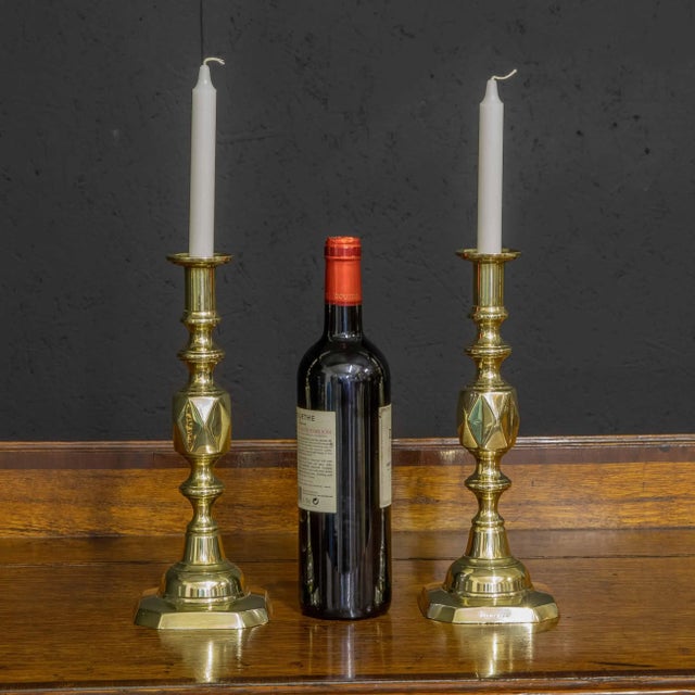 Victorian Queen of Diamond Brass Candlesticks, 1890s, Set of 2 For Sale - Image 9 of 11