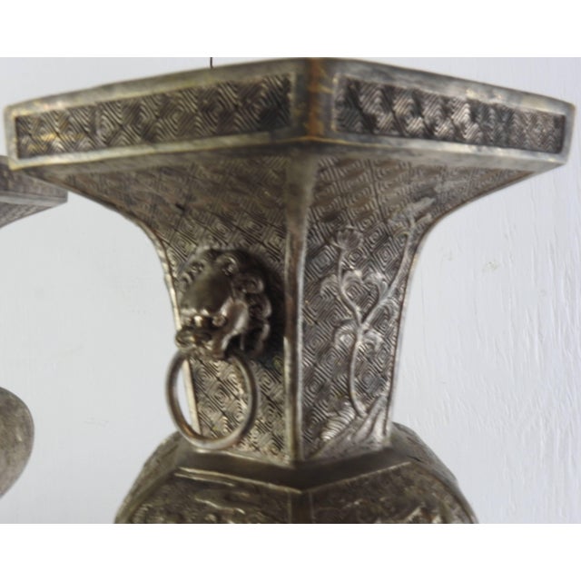 Metal Pair of Bronze With Tinned Overlay Asian Vases For Sale - Image 7 of 11