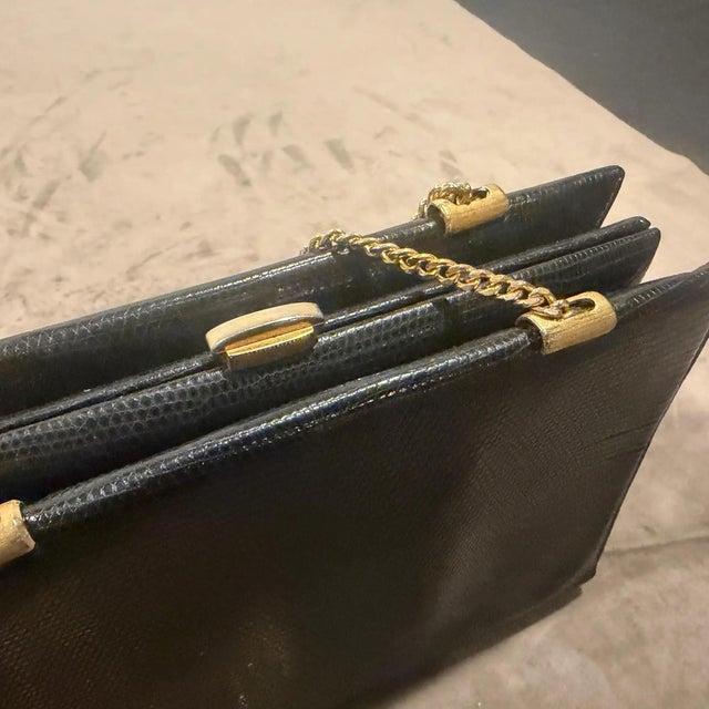 1950s High Quality Embossed Black Leather and Brass Italian Shoulder Bag For Sale - Image 12 of 12