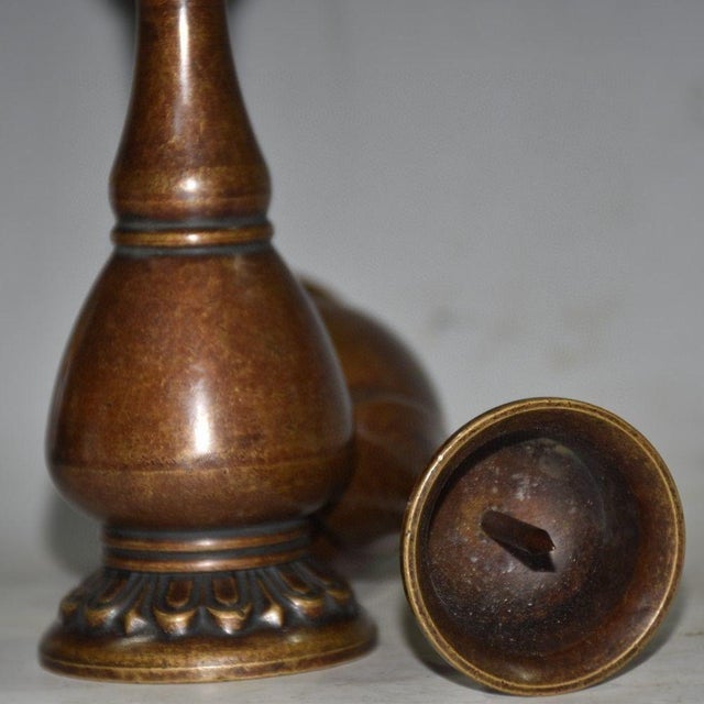 Metal Pair of Vintage Chinese Solid Copper "Bulbous" Candlesticks With Lotus Bases - 879g For Sale - Image 7 of 9