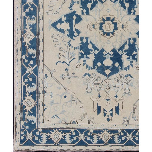 Turkish Blue and Ivory Floral Vintage Turkish Oushak Rug With Blossoming Medallion For Sale - Image 3 of 12