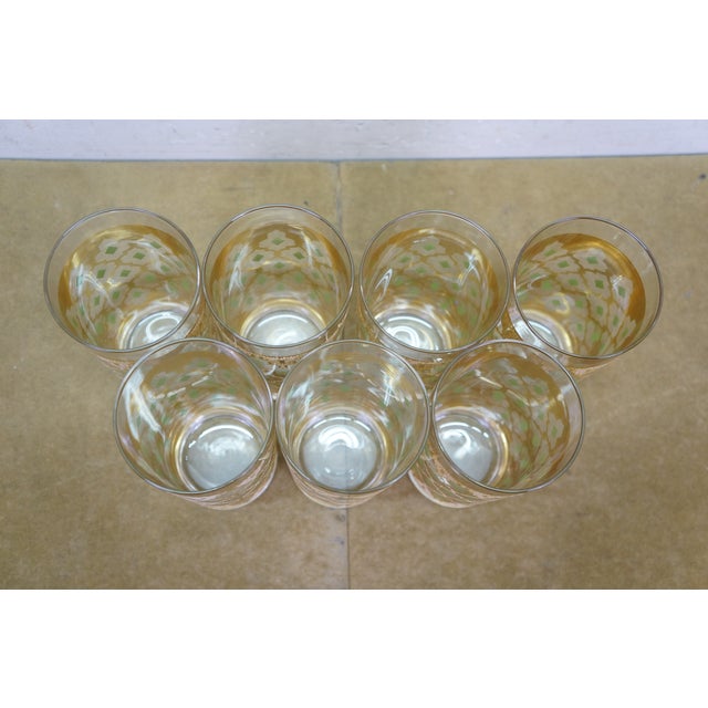 1960s Mid Century Modern Culver Valencia 22k Gold Green Lattice Highball Glasses - 7 pcs For Sale - Image 6 of 12