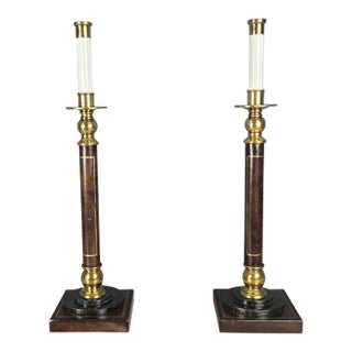 1990s Brass Marble Leather Wrapped Candlestick Table Lamps, Maitland Smith Style - a Pair For Sale