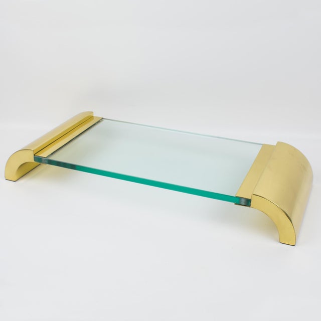 Brass Modernist Brass and Glass Pedestal Centerpiece Display Tray, Italy circa 1980 For Sale - Image 8 of 13