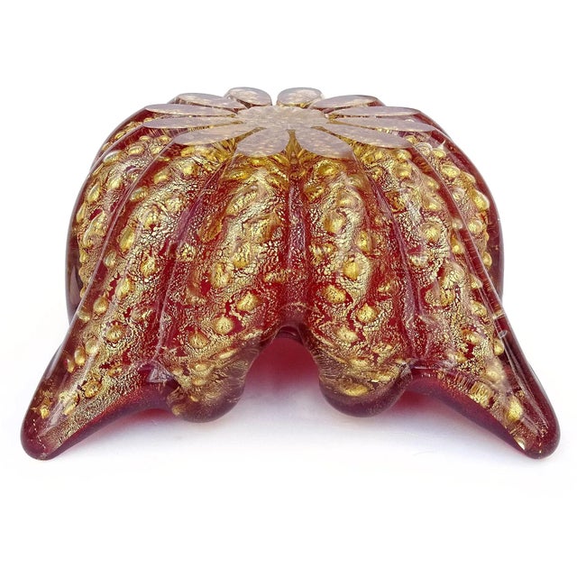 Glass Barovier Toso Murano Vintage Deep Red Gold Flecks Spike Corners Italian Art Glass Mid Century Bowl For Sale - Image 7 of 8