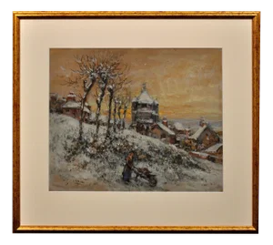 Gaston Cornil, Gathering Winter Fuel, Time of the Great War, 1890s, Gouache & Watercolor & Paper, Framed