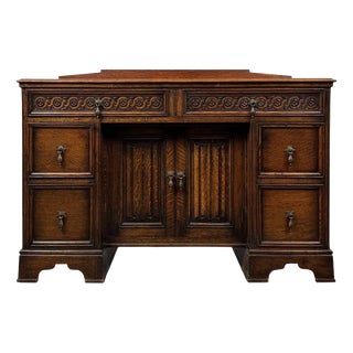 Antique Early 20th Century English Edwardian Carved Oak Desk For Sale