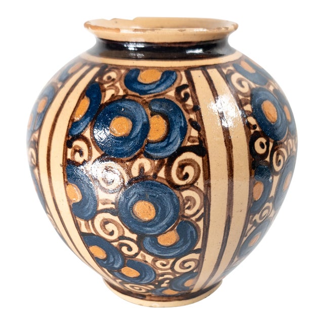 1930's French Art Deco Hispano Moresque Style Terra Cotta Redware Vase, Signed For Sale