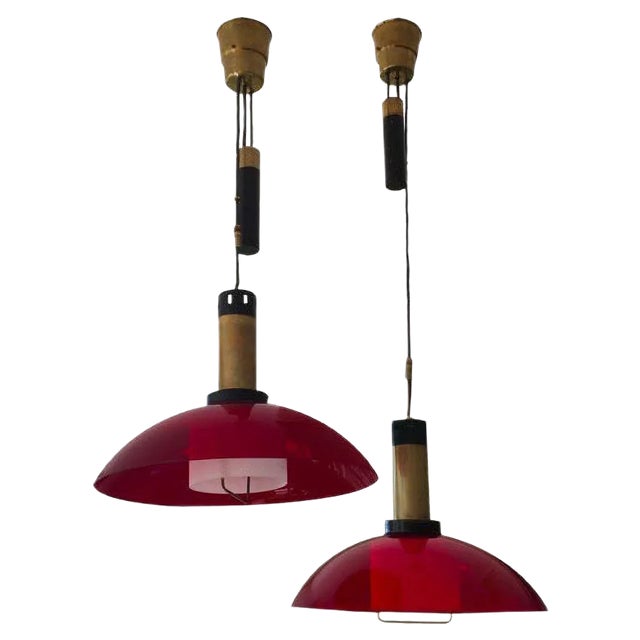 Mid-Century Modern Counterweight Red Acrylic Glass Pendant Lamps from Stilux Milano, Set of 2 For Sale