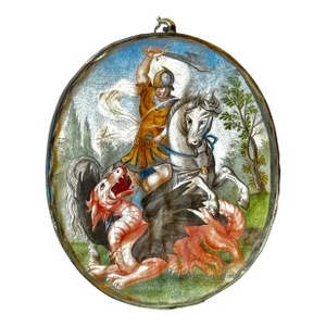 18th - 19th Century Portrait Miniature St George and the Dragon Gold Woven Silk Thread on Reverse