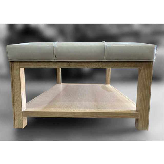 Highland House 1399-48 Franco Cocktail Ottoman With Off-White Tufted Leather Cushion and Lower Oak Shelf For Sale - Image 11 of 18