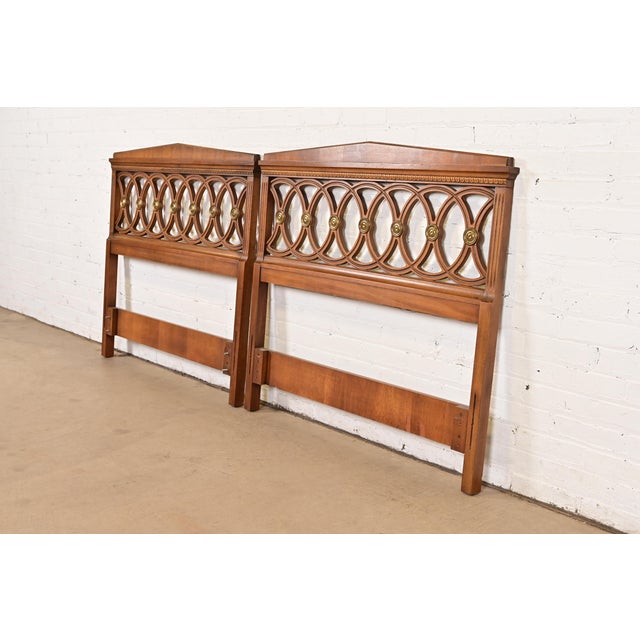 Drexel Drexel Mid-Century French Regency Louis XVI Carved Walnut Twin Size Headboards, Pair For Sale - Image 4 of 9