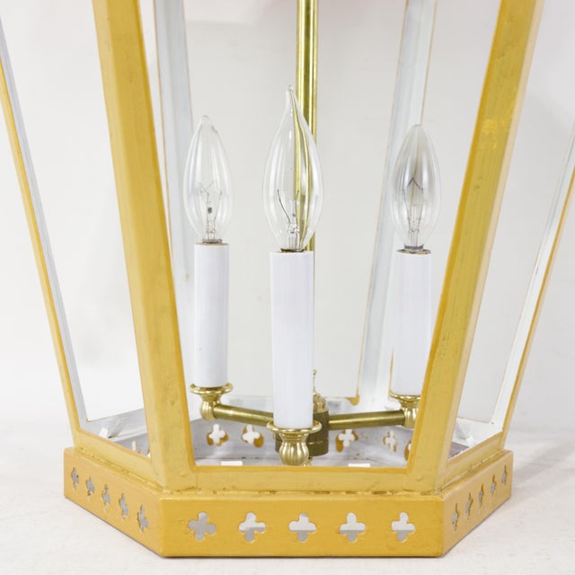 Vintage Chinoiserie Yellow Tole Hanging Lantern Chandelier With Brass Bells For Sale - Image 9 of 13