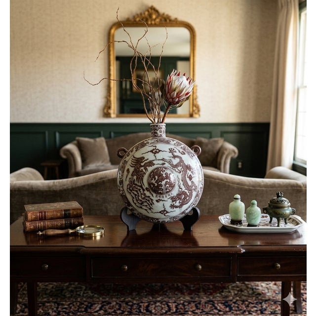 Ceramic Chinese Flask Moon Copper Red Dragon Phoenix Porcelain Art Vase For Sale - Image 7 of 10