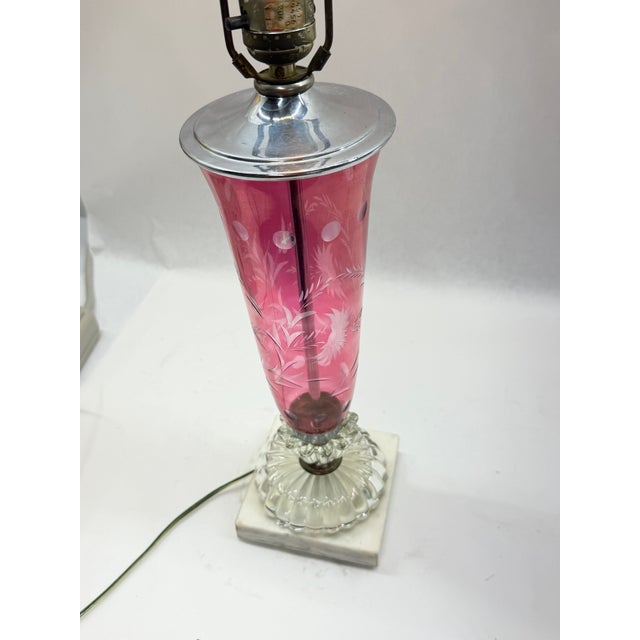 Vintage Cranberry Cut-to-Clear Glass Table Lamp on Marble Base For Sale - Image 10 of 10